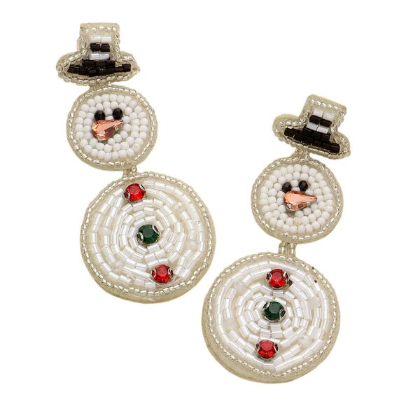 Crystal & Beaded Dangle Snowman Seed Bead Statement Christmas Earrings - Picture 6 of 7